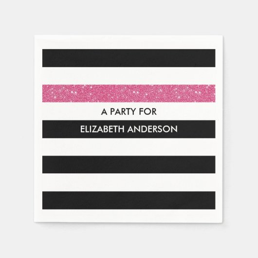 黒モダンストライプ色フェイクピンクグリッツと名前 スタンダードカクテルナプキン (正面)