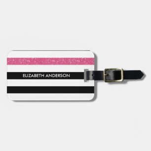 黒モダンストライプ色フェイクピンクグリッツと名前 ラゲッジタグ
