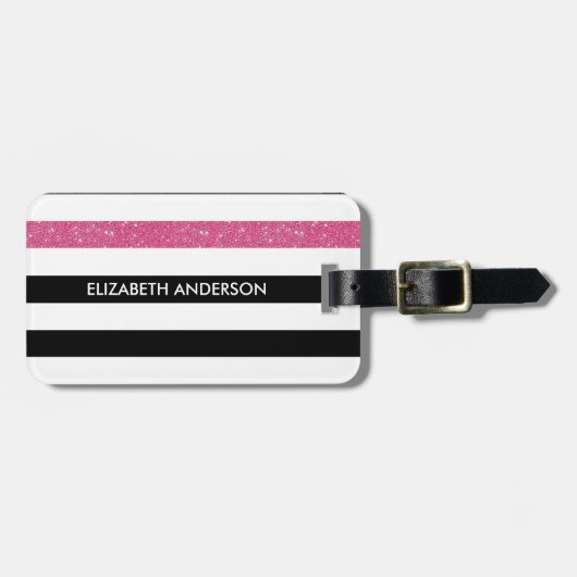 黒モダンストライプ色フェイクピンクグリッツと名前 ラゲッジタグ (正面横)