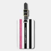 黒モダンストライプ色フェイクピンクグリッツと名前 ラゲッジタグ (正面縦)