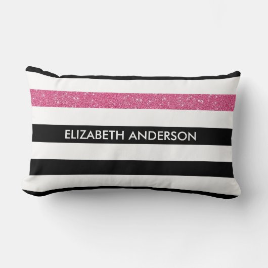 黒モダンストライプ色フェイクピンクグリッツと名前 ランバークッション (正面)