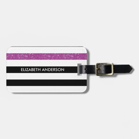 黒モダンストライプ色フェイク紫Glitzと名前 ラゲッジタグ (正面横)
