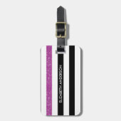 黒モダンストライプ色フェイク紫Glitzと名前 ラゲッジタグ (正面縦)