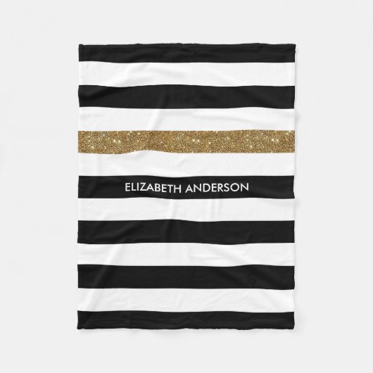 黒モダンストライプ金ゴールドフェイクグリッツと名前 フリースブランケット (正面)