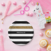 黒モダンストライプ金ゴールドフェイクグリッツと名前 ペーパープレート (パーティー)