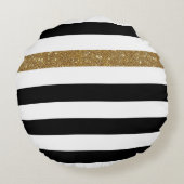黒モダンストライプ金ゴールドフェイクグリッツと名前 ラウンドクッション (裏面)