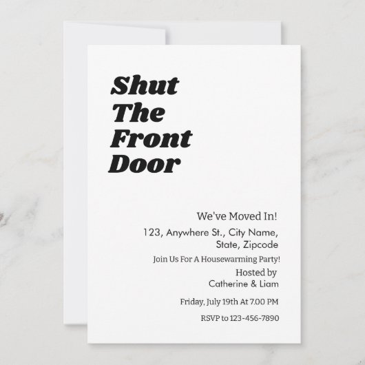黒モダンタイポグラフィおもしろい引っ越し祝いパーティーパーティー 招待状 (正面)