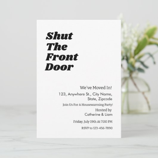 黒モダンタイポグラフィおもしろい引っ越し祝いパーティーパーティー 招待状 (スタンド正面)