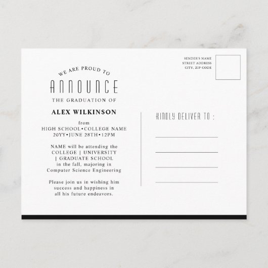 黒モダンタイポグラフィシンプル写真卒業 案内ポストカード (裏面)