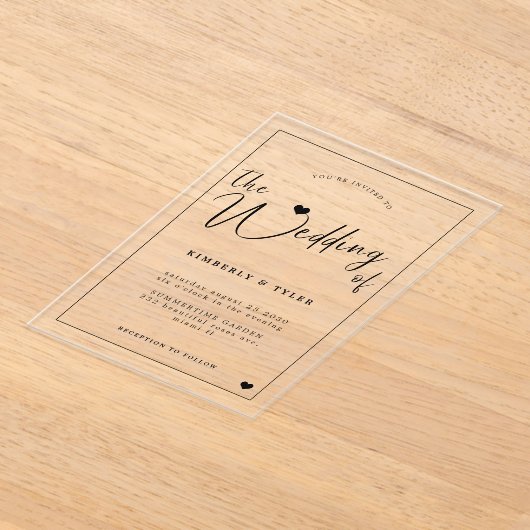 黒モダンタイポグラフィス結婚クリプト アクリル招待状 (レイダウン)