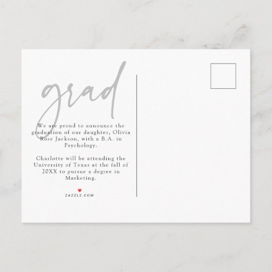 黒モダンタイポグラフィ写真卒業 案内ポストカード (裏面)