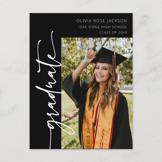 黒モダンタイポグラフィ写真卒業 案内ポストカード (正面)