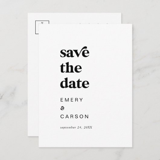 黒モダンタイポグラフィ日付の保存 インビテーションポストカード (正面/裏面)