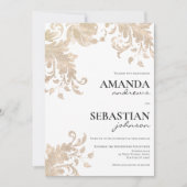 黒モダンタイポグラフィ白金ゴールド結婚フローラ 招待状 (正面)