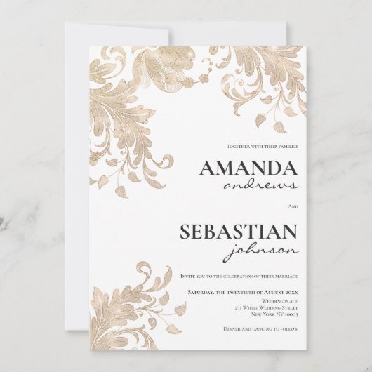 黒モダンタイポグラフィ白金ゴールド結婚フローラ 招待状 (正面)