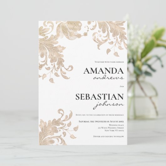 黒モダンタイポグラフィ白金ゴールド結婚フローラ 招待状 (スタンド正面)