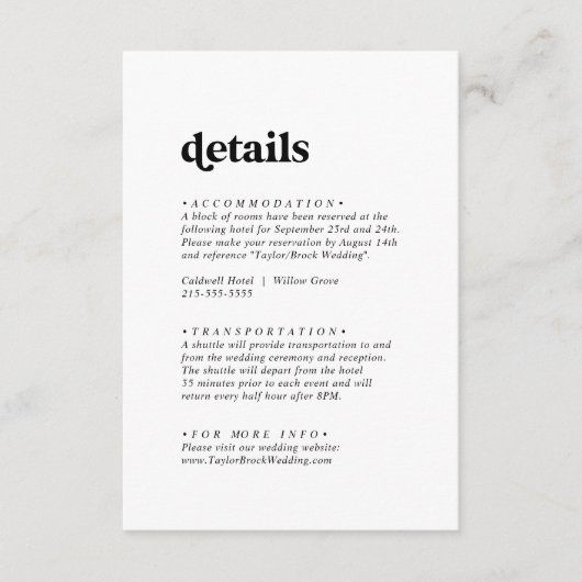 黒モダンタイポグラフィ結婚詳細 エンクロージャーカード (正面)