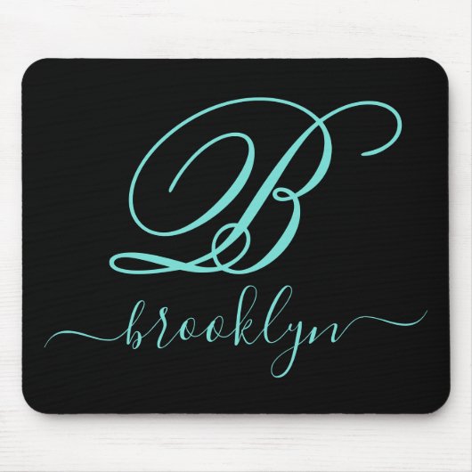 黒モダンターコイズモノグラムの手書き マウスパッド (正面)