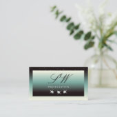 黒モダンティール（緑がかった色）グラデーションスパークルジュエリーイニシャル 名刺 (スタンド正面)