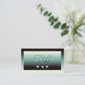 黒モダンティール（緑がかった色）グラデーションスパークルジュエリーモノグラム 名刺 (スタンド正面)