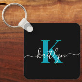 黒モダンティール(緑がかった色)スクリプトモノグラム キーホルダー (正面)