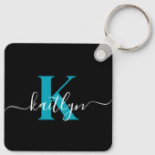 黒モダンティール(緑がかった色)スクリプトモノグラム キーホルダー (裏面)