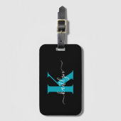 黒モダンティール（緑がかった色）スクリプトモノグラム ラゲッジタグ (正面縦)