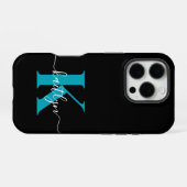 黒モダンティール（緑がかった色）スクリプトモノグラム iPhoneケース (裏面横)