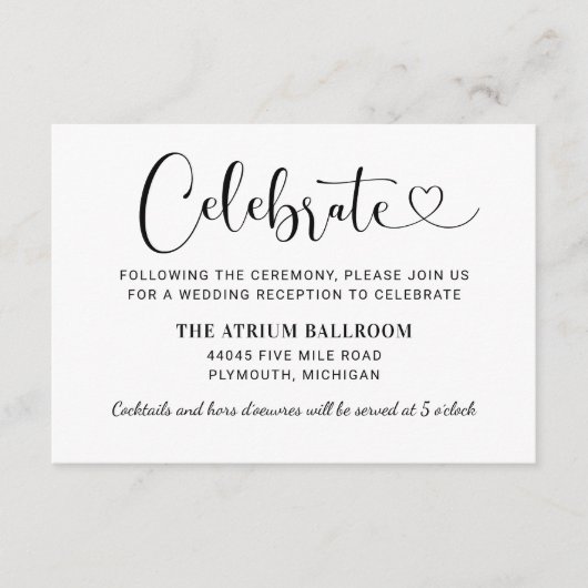 黒モダンハートスクリプトウェディングレセプション エンクロージャーカード (正面)