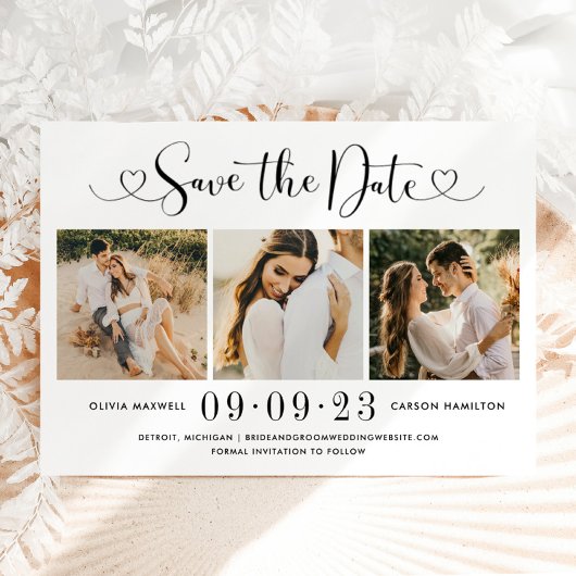 黒モダンハートスクリプト3写真結婚のコラージュ セーブザデート