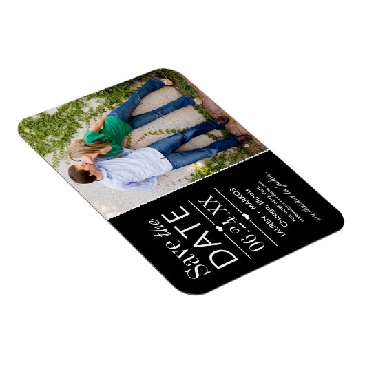 黒モダンハート結婚の写真日付の保存 マグネット (右側)