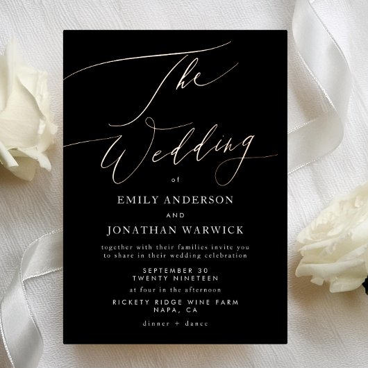 黒モダンバラ金ゴールド書結婚の 箔招待状