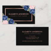 黒モダンバラ金ゴールド水彩ブルーピンクフローラ 名刺 (正面/裏面)