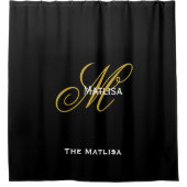 黒モダンパーソナライズされたと金ゴールドモノグラムのスクリプト シャワーカーテン (正面)