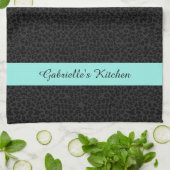 黒モダンヒョウ柄アクアストライプ名 キッチンタオル (折り畳み)