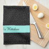 黒モダンヒョウ柄アクアストライプ名 キッチンタオル (四つ折り)