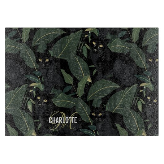 黒モダンヒョウ模様モノグラム名 カッティングボード (正面)