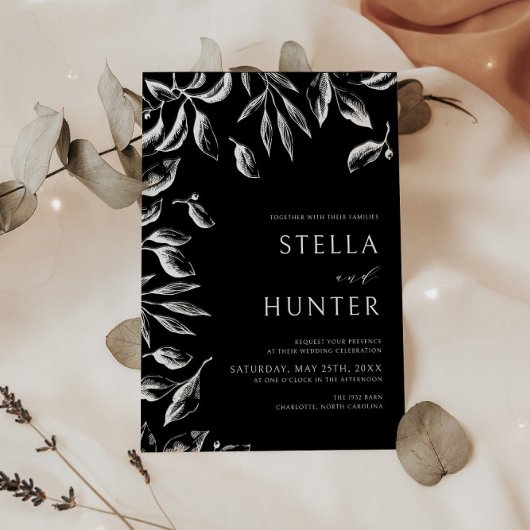 黒モダンビクトリアン白の緑結婚色 招待状