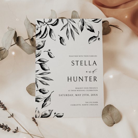 黒モダンビクトリアン白の緑結婚色 招待状