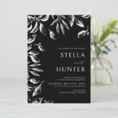 黒モダンビクトリアン白の緑結婚色 招待状 (スタンド正面)