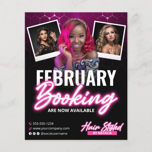 黒モダンピンクの髪のサロン予約フォトフライヤー チラシ (正面)