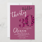 黒モダンピンクヒョウ30歳の誕生日パーティー 招待状 (正面)