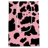 黒モダンピンク牛の肌の質感アニマルプリント ミディアムペーパーバッグ (裏面)
