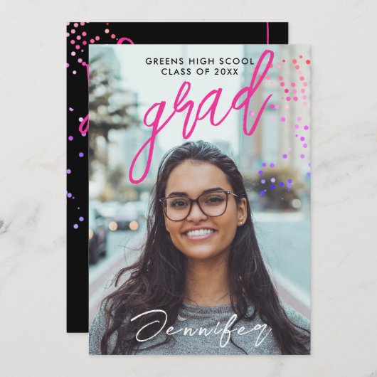 黒モダンピンク高校紙吹雪卒業 案内状 (正面/裏面)