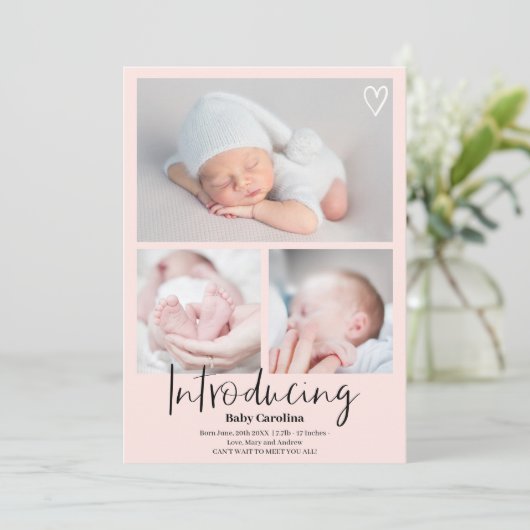 黒モダンピンク3枚ベビー誕生 案内状 (スタンド正面)