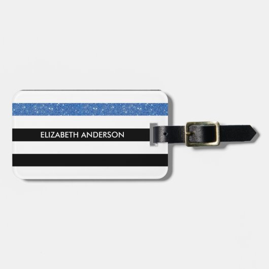 黒モダンフェイクストライプブルーGlitzと名前 ラゲッジタグ (正面横)