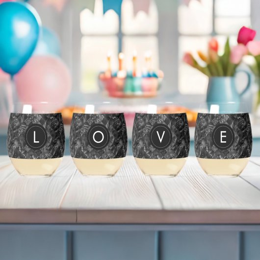 黒モダンフェイクモノグラムのグリッター模様 ステムなしワイングラス (インサイチュ (ベビーシャワー))