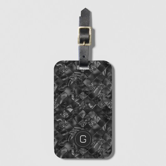 黒モダンフェイクモノグラムのグリッター模様 ラゲッジタグ (正面縦)