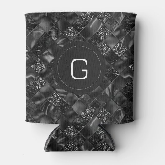 黒モダンフェイクモノグラムのグリッター模様 缶クーラー (正面)