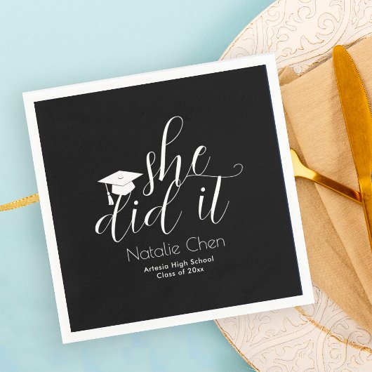 黒モダンフォントエレガント卒業 スタンダードカクテルナプキン